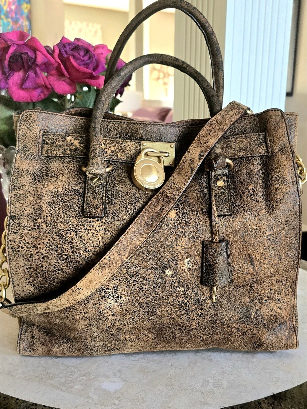 Michael Kors Rare Distressed Nubuck Suede Hamilton Satchel In Mocha